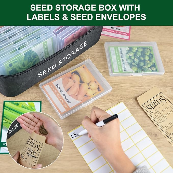 26 Slots Seed Storage Organizer Box with 10 Seed Envelopes, Oxford Cloth Seeds Storage Container with Insulated Bag, Garden Seed Packet Organizer with Label Stickers for Vegetable Flower Plants