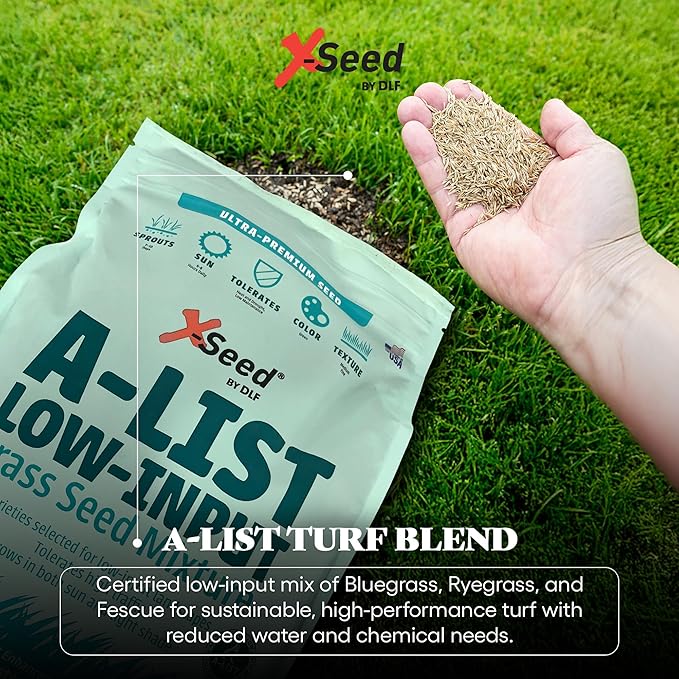 A-List Low Input Mixture Lawn Seed - Premium Grass Seeds for Lawn Repair Over Seeding and Thickening Ideal for Low Maintenance Drought-Resistant Lawn for High Traffic Sun and Light Shade Mix, 7 Pounds