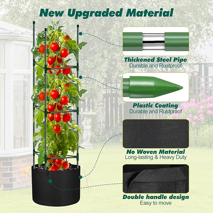3 Pack Tomato Cages 55 x 12 Inch for Garden with 11 Gallon Round Grow Bags Planter Pots with Heavy Duty Triangle Trellis Plant Stakes Support Frames for Cucumber Vegetables Flowers