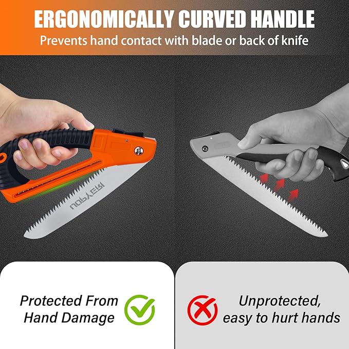 Folding Hand Saw 8 Inch with Safety Hand Guard, Heavy Duty Pruning Saw for Tree Trimming & Camping, High Carbon Steel Triple-Cut Razor Teeth for Wood, PVC, Bone, Survival Gear