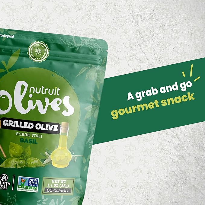 Nutruit Olives Snacks - Pitted Grilled Olives with Basil - Fresh Aegean Green Olives - Vegan, Non-GMO, Gluten Free, Kosher, Paleo, Sugar Free - Comes with Wooden Stick - 1.2oz (20-Pack)