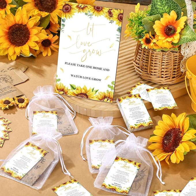 Ireer 301 Pcs Sunflower Wedding Favors for Guests Set Include 1 Wooden Sign 100 Let Love Grow Seed Packets Self Adhesive Wedding Envelopes 100 Let Love Grow Cards 100 Bags for Guest Bridal Shower