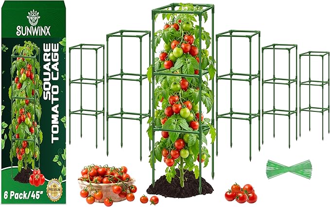 6 Pack Square Tomato Cages for Garden, 45 Inch Adjustable Tomato Stakes, Metal Tomato Trellis, Garden Plant Support for Potted Climbing Plants, Vegetables Flowers Fruits, Raised Garden Bed