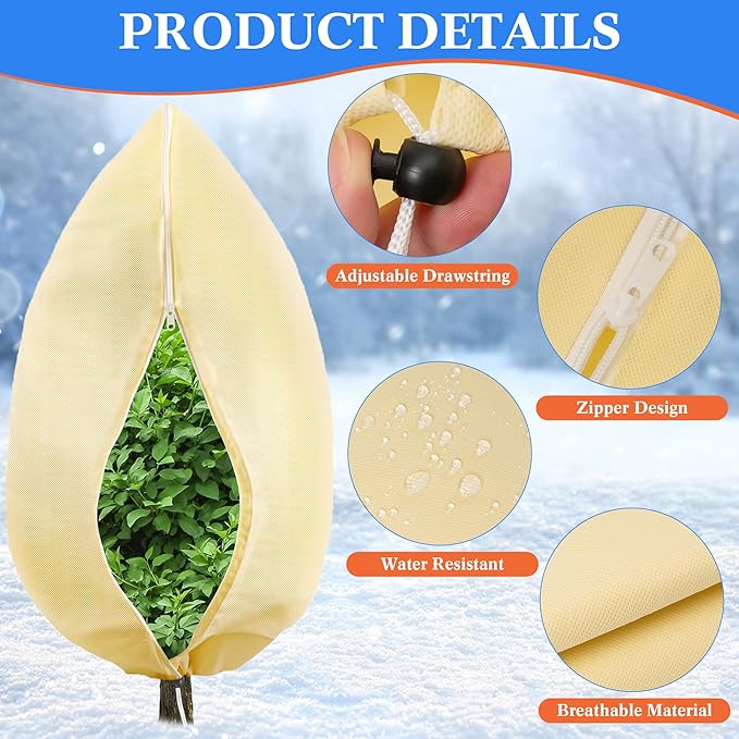 2 Pcs Plant Cover Freeze Protection, 47" x 70" Reusable Winter Frost Cover with Zipper & Drawstring, 2.8oz/yd² Heavy-Duty Tree Jacket for Outdoor Shrub & Fruit Tree Potted