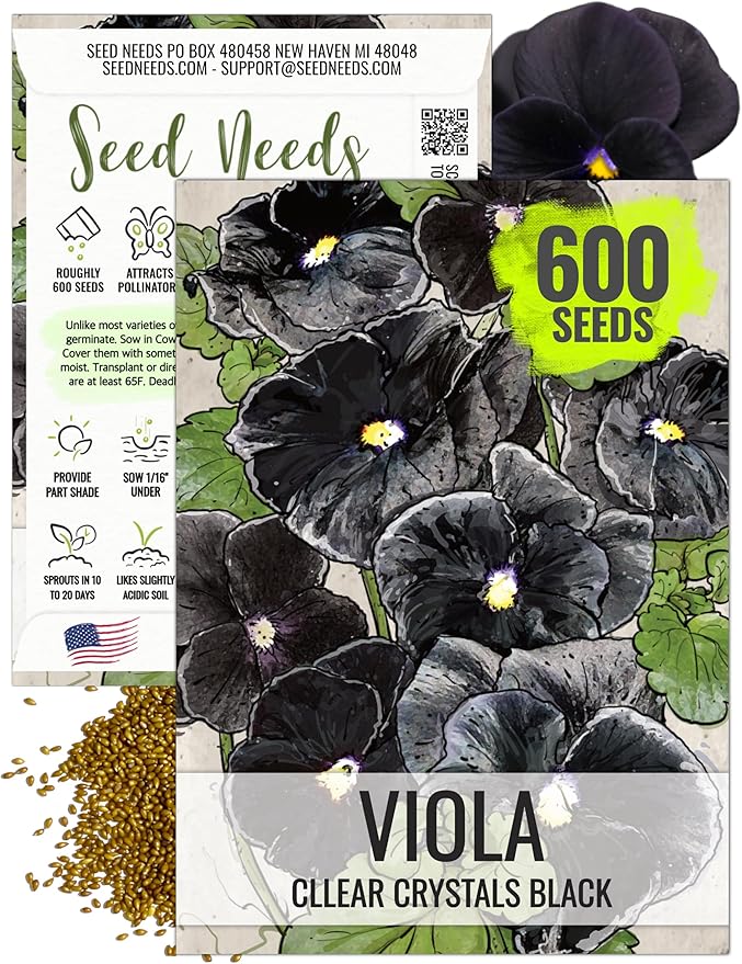 Seed Needs, Clear Crystals Black Pansy Seeds - 600 Heirloom Seeds for Planting Viola x wittrockiana - Deep Burgundy/Black Blooms, Edible Flowers (1 Pack)