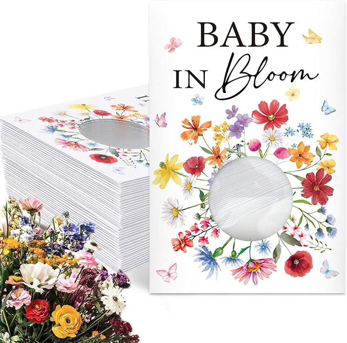 JarThenaAMCS 50 Pack Baby Shower Party Favor Wildflower Baby in Bloom Seed Packet Envelopes Kraft with Clear Window Resealable Seed Organizer Storage Bag for Guest Gender Reveal Party(Colored Flowers)