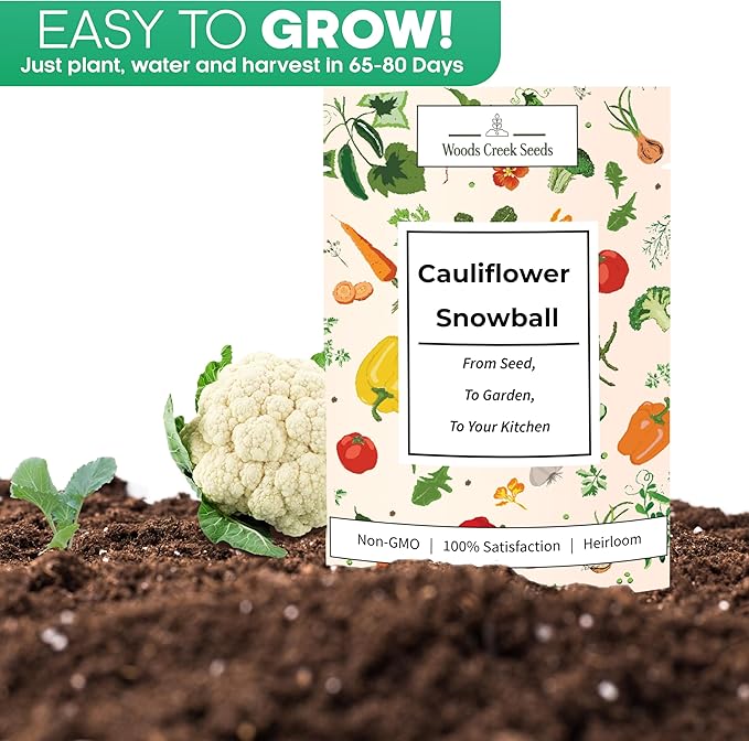Woods Creek Seeds: Snowball Cauliflower Seeds for Planting - Heirloom Variety with Compact White Heads - Fast-Growing Cauliflower Seeds - Non-GMO, High Germination, Home Garden Favorite