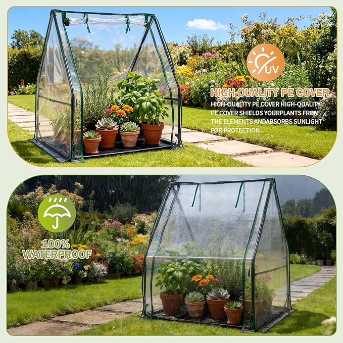 Outvita Mini Greenhouse, Outdoor 3'x3'x3' UV Protected 2-Layer PVC Cover Plant Hot House for Flowers, Seed and Vegetables Protection with Roll-up Zippered Doors for Patio Balcony Backyard