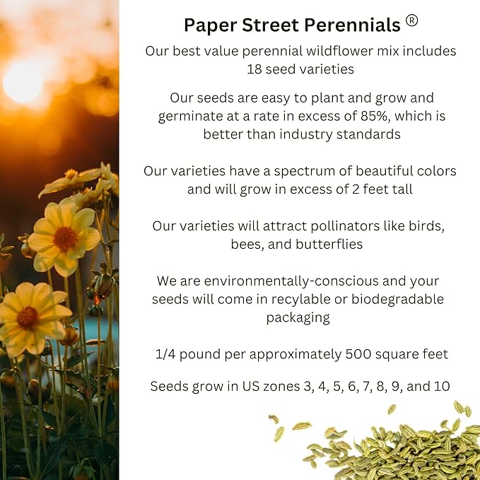 All Zones All Perennial Wildflower Heirloom Seed Mix | 1/4 lb Bulk Variety in Earth-Friendly Biodegradable Packaging - 500 SF Coverage (93,750 Seeds)
