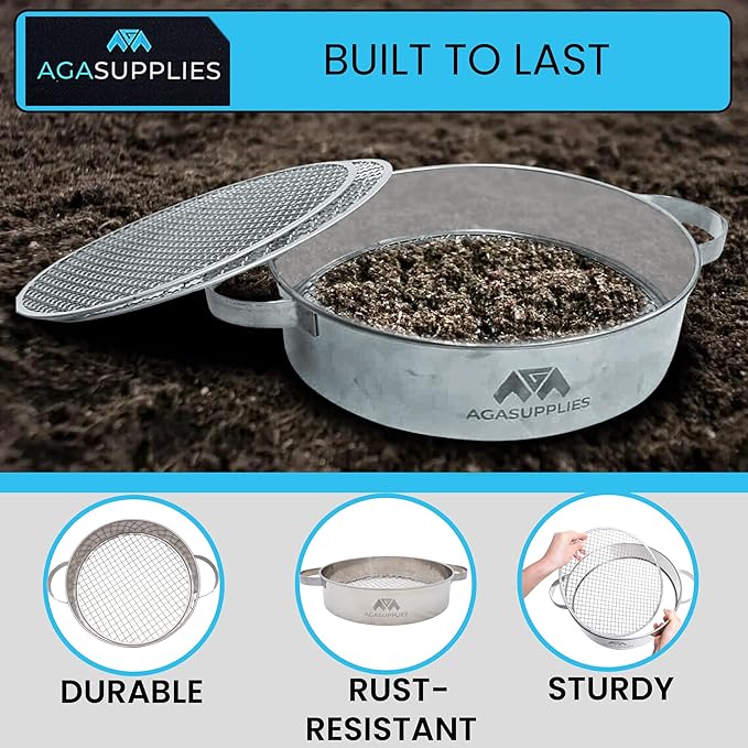 Soil Sifter Set with Handles & 3 Replaceable Mesh Sifters – 30 Cm Stainless Steel Soil Sifter for Gardening, Compost & Bonsai – Large Garden Sifting Tray for Topsoil, Rocks & Sand – Mesh Sieve Set