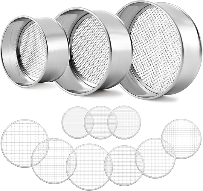 Shimeyao 3 Pcs Soil Sifter Set with 9 Pcs Sieve Meshes 1/2/3/5/6/8/9/10/12 mm Interchangeable Sand Screen Stainless Steel Riddle for Gardening, Garden Sieve for Rock, Sand, Soil, Compost