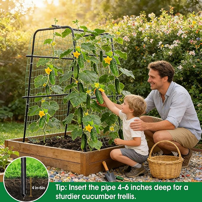 Cucumber Trellis for Raised Bed and Garden, 47" H x 31" W U-Shaped Metal Garden Trellis for Climbing Plants with Nylon Netting, Vegetable Support Frame