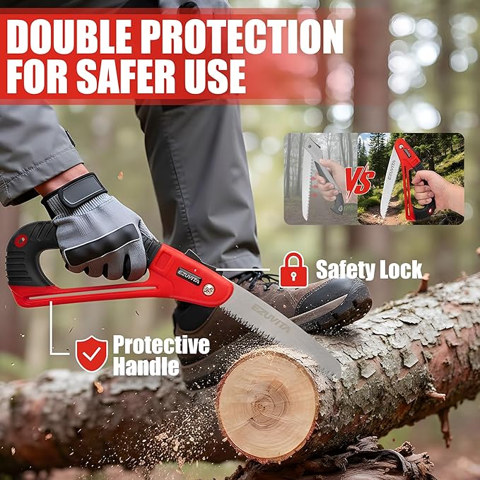 7 Inch Folding Saw with EDC Pouch, Lightweight Hand Pruning Saw with Curved Grip, Triple-Cut Razor Teeth for Wood Cutting, Tree Trimming, Gardening, Camping, Hiking, Hunting