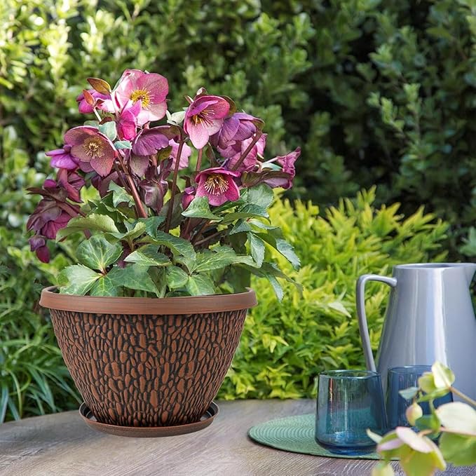 4 Pack Flower Pots Outdoor, 10 Inch Plant Pot with Drainage Hole & Tray, Thickened Plastic Planters for Indoor Outdoor Plants, Lightweight Brown Decorative Garden Pot with Saucer