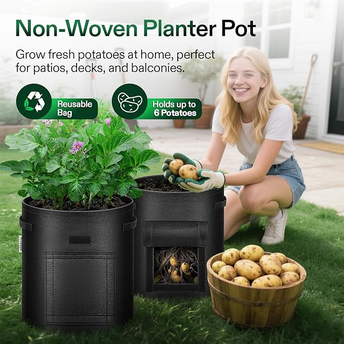 VIVOSUN 5-Pack 10 Gallon Potato Grow Bags for Growing Potatoes, Fabric Potato Pots with Handle and Roll-up Window, Potato Growing Containers Potato Planter Potato Planter for Growing Potatoes, Black