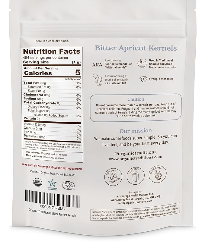 Organic Traditions Apricot Kernels – Sundried - Natural Source of Vitamin B17 – Sweet & Bitter Raw Apricot Seeds – 16oz