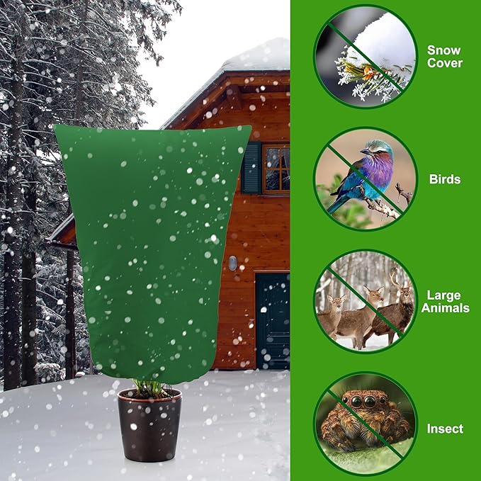 Alpurple 2 Packs Winter Drawstring Plant Covers- 39 x 63 Inch Warm Plant Protection Cover Bags, Frost Cloth Blanket Protecting Fruit Tree Potted Plants from Freezing Animals Eating (Green)