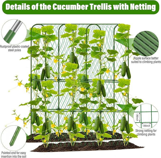 Cucumber Trellis for Raised Bed, Tall Metal Garden Trellis for Climbing Plants Outdoor with Netting, Gloves, Garden Tools, Trellis for Vegetables Plant Support Peas Fruit Flower Grape