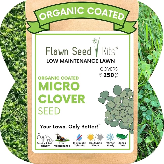 Flawn Seed Kits Micro Clover Seed, 1.1 Oz, Organic Coated, Eco-Friendly, Low Growing, Low Maintenance, Lawn Alternative, Compostable Pouch, Seed up to 250 Sqft