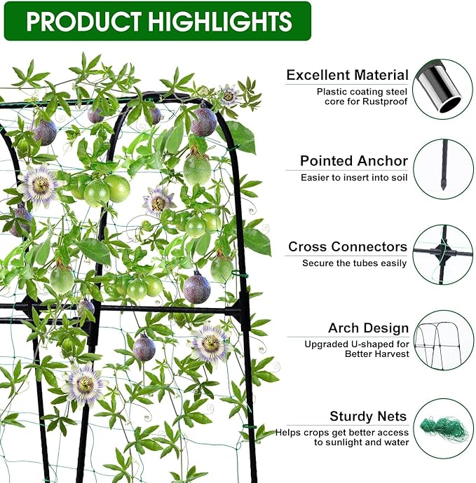 Garden Trellis for Climbing Plants Outdoor, Cucumber Trellis for Raised Bed Garden, Arch Trellis Support for Cucumbers Tomatoes Beans Peas, 50x48 inch, Metal Trellis with Netting, Black