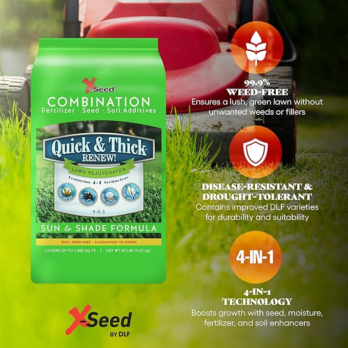 X-Seed Quick & Thick Renew Grass Seed & Soil Enhancer with Moisture & Micro Boost – Swift Germination, Drought Defense, Soil Revitalizer, & Root Boost – Ideal for Sun, Shade, & Over-Seeding – 20LB