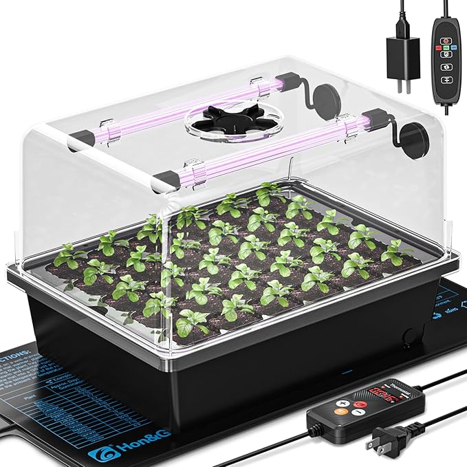 Hon&Guan 1 Pack Seed Starting Kit - 30 Cell Seed Starter Tray with Higher 5.3” Humidity Dome, LED Growing Lights and 10"x20.75" Seedling Heat Mat, Adjustable Vents - Germination & Plant Propagation