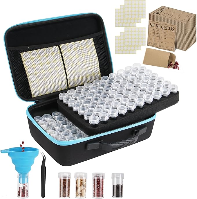 hasumcol 140 Slots Seed Storage Organizer, Garden Saving kit Seed Organizer with 30 Seed Envelopes, Write Label, Funnel, Tweezer for Plants Vegetable Seed Saver (Seeds not Included)