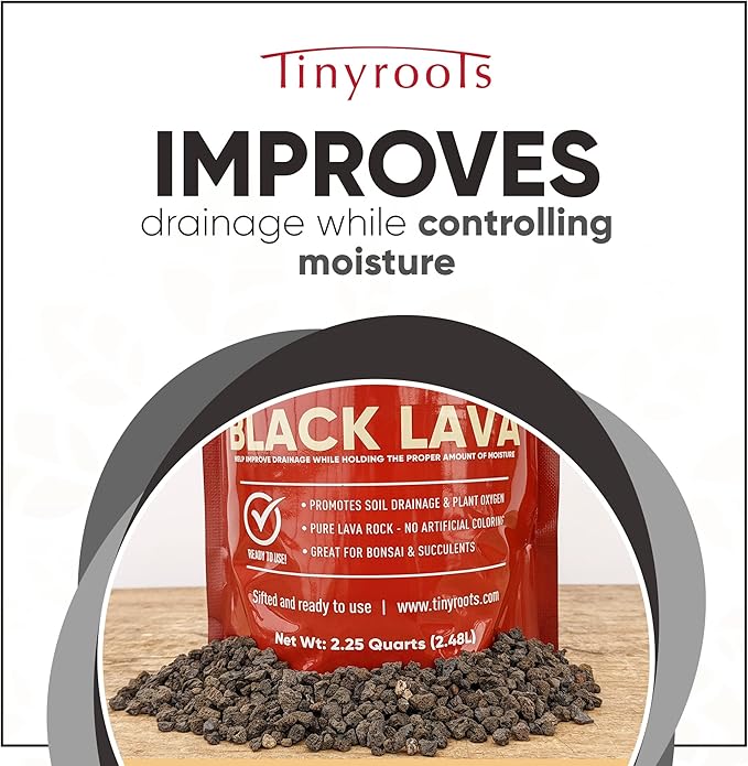 Tinyroots Black Lava Rock for Plants, 2.25 Quarts, Premium Sifted Bonsai and Cactus Soil Aggregate Used for Top Dressing, No Dyes and No Chemicals, 1/8 to 1/4 Inch Particle Size
