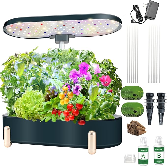 Hydroponics Growing System Indoor Garden 12 Pods Plant Germination Kit Aeroponic Herb Vegetable Growth Lamp Countertop with LED Grow Light (Blackish Green)