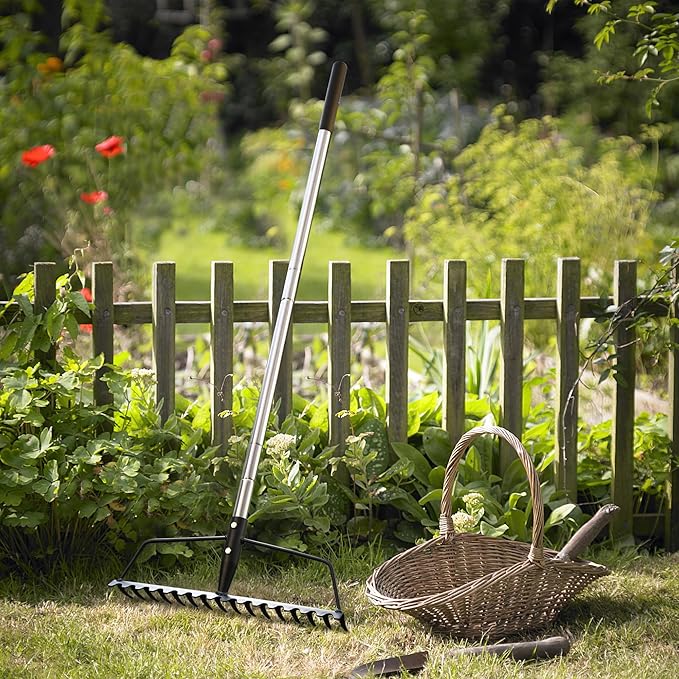 Garden Rake, Metal Sturdy and Heavy Duty Metal Rake, 16-Tine Bow Rake with Adjustable Stainless Steel Handle, Long Shaft for Loosening Soil, Leveling Mulch, Gathering Leaves
