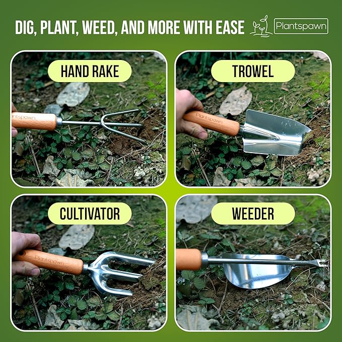 9 PCS Gardening Tools Set with Bag | Heavy-Duty Rust-Proof Hand Tools, with Wooden Handles 15 Plant Tags Included | Garden Tools, Gardening Essentials, Garden Supplies Gift for Men, Women & Gardeners