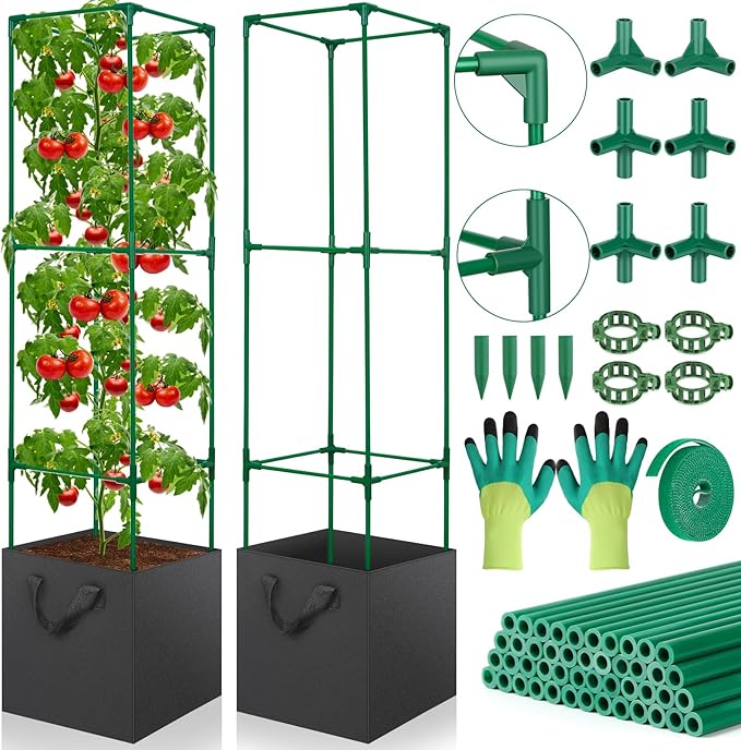 2 Pack Tomato Cages for Garden,49-Inch Square Trellis Frame with 7 Gallon Grow Bags, Plant Clips, Tomato Plant Support Kit for Garden Raised Bed Cucumber Vegetable Climbing Outdoor Indoor