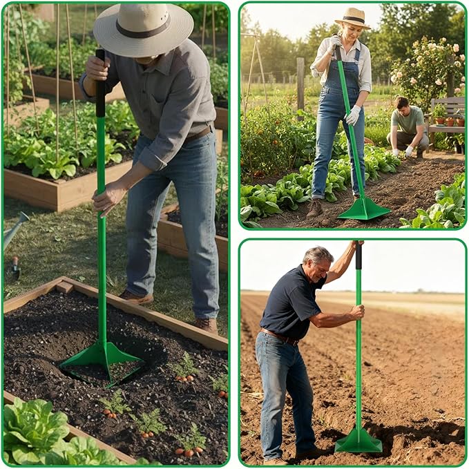 Green Heavy Duty Steel Tamper, 10x10 Inch Head with 48-Inch Handle & Rubber Grip for Soil, Dirt, Gravel and Asphalt Compaction, Ideal Garden Landscaping & Paver Tool Trash Tamper