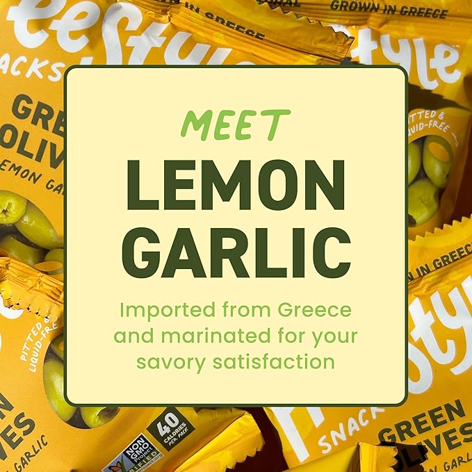 Freestyle Snacks Olive Snack Packs - As Seen on Shark Tank - Single Serve - Fresh Pitted Green Olives, Grown in Greece, All Natural, Non-GMO, Sugar-Free, Salty Snack - Lemon Garlic, 1.1oz (6 Pack)