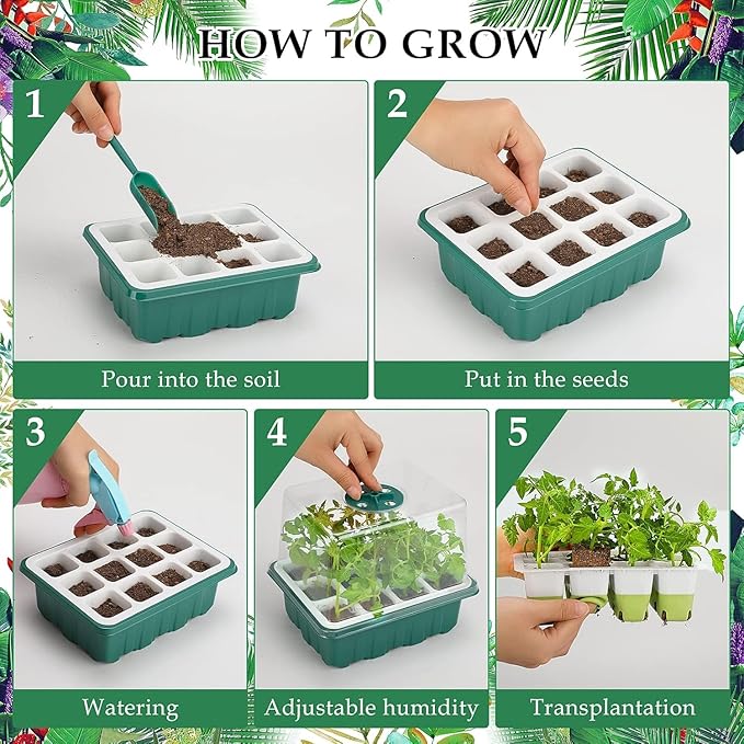 Seed Starter Tray with Grow Light, 48 Cells Indoor Seed Starter Kit, Flexible Silicone Seedling Starter Trays, Germination Tray Kit with Humidity Dome & Lids(4in Height), Reusable & Dishwasher Safe