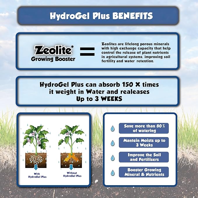 HidroGel Plus Water Storing Crystal Soil Additive With Zeolite Growing Booster, 1 Pack of 12 Oz for 23 CuFt Soil, Helps Prevent Over & Underwatering and Reduce Water Stress for Indoor & Outdoor Plants