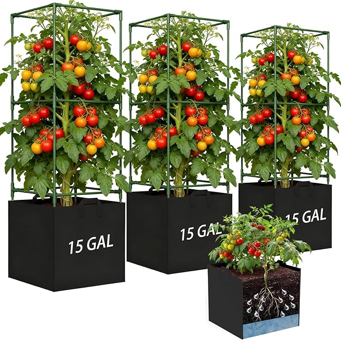3 Pack Tomato Cages for Garden, 47in Tall Square Tomato Trellis with 15 Gallon Grow Bags, Plant Planter for Garden, Patio & Balcony, Metal Tomato Cage for Tomatoes Cucumbers Peas Climbing Plants