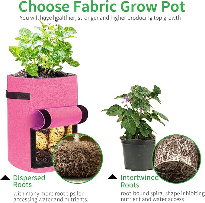 JJGoo 4 Pack Potato Grow Bags 10 Gallon with Flap, Heavy Duty Fabric with Handle and Harvest Window, Non-Woven Planter Pot Plant Garden Bags to Grow Vegetables Tomato, Rose Red