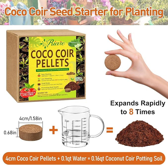 Riare 100 Pcs 40mm Organic Coco Coir Seed Starter Soil, Compressed Coconut Coir Potting Soil Mix for Seed Starting, Coconut Fiber Pellet for Planting Indoor & Outdoor Plants, Vegetables, Garden