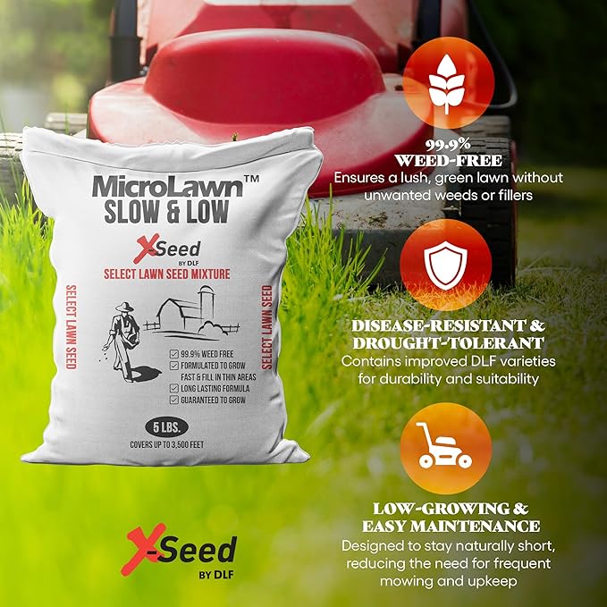 X-Seed Micro-Lawn Slow & Low Grass Seed for Cool Season Lawns, No Mow Natural Areas, Sun to Full Shade, Slow and Low Growing Micro Clover, Creeping Red Fescue, Intermediate Ryegrass, Starter Bag, 5LB