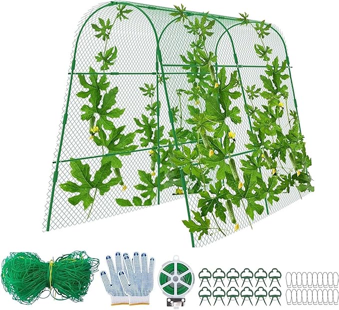codree Cucumber Trellis for Raised Bed, 63 x 63 Inch U-Shape Garden Trellis for Climbing Plants Outdoor, Metal Arch Trellis with Climbing Net Clips for Growing Vine Vegetable, Tomato, Bean, Zucchini