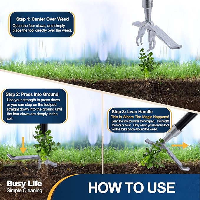 Yocada Weed Puller Tool Stand Up Weed Remover Tool with 4 Claw Steel Head Weeder Tool Long Handle Garden Hand Weeding Tool Easily Remove Weeds Roots Without Bending Pulling Kneeling 62.59"