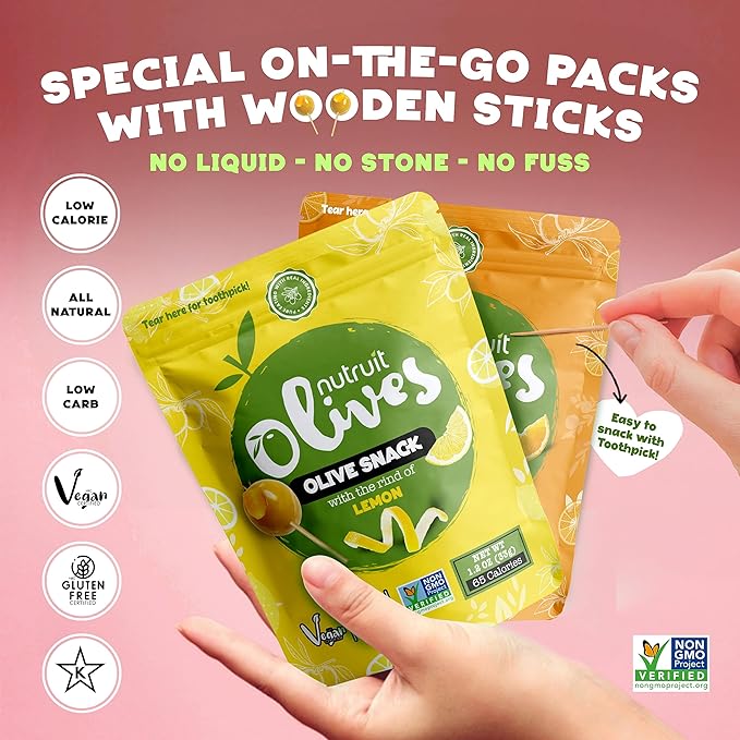 Nutruit Olives Snacks - Pitted Olives (Variety Box) - Fresh Harvest Aegean Green Olives - Vegan, Non-GMO, Gluten Free, Kosher, Paleo, Sugar Free - Premium Packs with Wooden Stick - 1.2oz (Pack of 20)