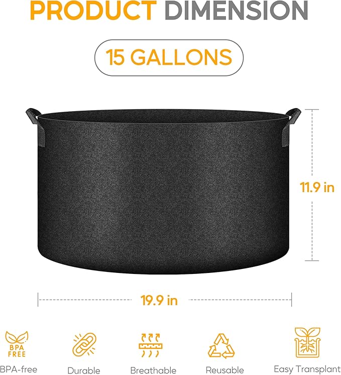 Simple Deluxe 5 Pack 15 Gallon Grow Bags, 300G Vegetable/Flower/Plant Fabric Pots with Handles, Heavy Duty Thickened Nonwoven Planting Bag with 5 Pcs Plant Labels, Black
