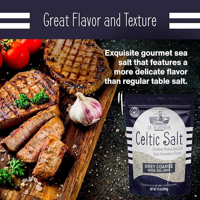 Le Marinier Celtic Salt Organic Grey Coarse, 1.1lb - 18oz Pack of 2. Mineral Rich Unrefined French Sea Salt 100% Natural, Hand Harvested (1.1lb Grey Coarse - Pack of 2)