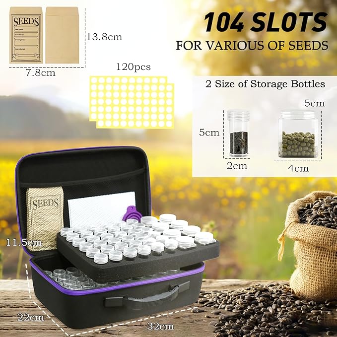 104 Slots Seed Storage Organizer Box with 20 Envelopes, Garden Seed Containers 1 oz 5 oz with Labels, Seed Packet for Plant, Flower,Vegetable Seeds