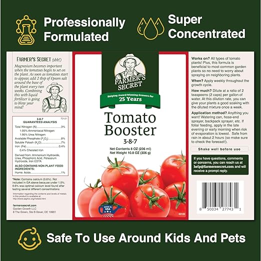 Farmer's Secret Tomato Booster Fertilizer (8oz) - Super Concentrated - 3:8:7 Ratio Fortified with Humic Acid, Iron and Calcium - Grow More Tomatoes