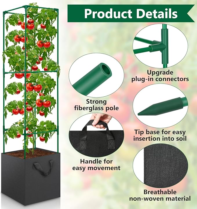 2 Pack Tomato Cages for Garden,49-Inch Square Trellis Frame with 7 Gallon Grow Bags, Plant Clips, Tomato Plant Support Kit for Garden Raised Bed Cucumber Vegetable Climbing Outdoor Indoor