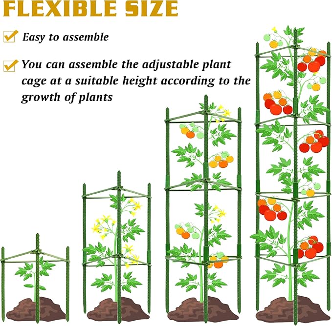 Halatool 63 Inch Tomato Cages, 4 Pack Adiustable Plant Cages Assembled Tomato Garden Cages Stakes Vegetable Support Trellis with 120 Feet Twist Tie, Snap-On for Vertical Climbing Plants