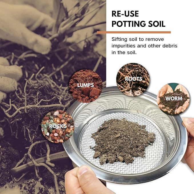 Soil Sifter for Gardening, Stainless Steel Sifting Pan Dirt Sifter, 9.5in Rock Sifter with 3 Sieve Mesh Filter Sizes